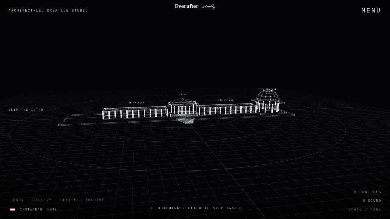 Everafter portfolio website preview with a wireframe building and architectural rooms in its 3D introduction
