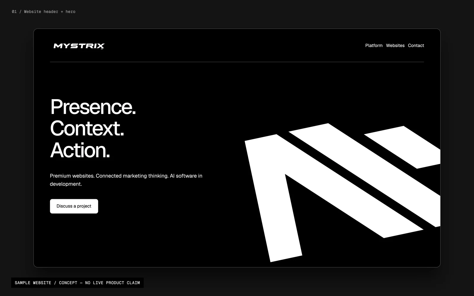 Selected Mystrix identity applied to a sample website header and hero